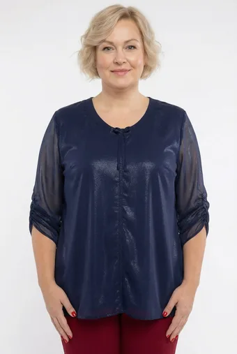 Temno modra šifonska svetleča bluza z vezalko
