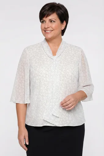 Bela bluza s kravato in majhnim črnim vzorcem