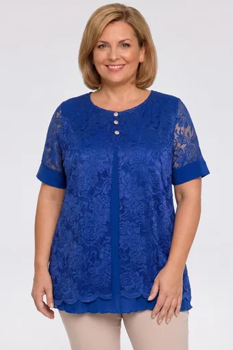 Modra bluza s kardiganom in zlatimi gumbi