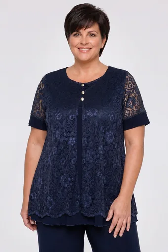 Temno modra bluza s čipkasto kardiganom in zlatimi gumbi