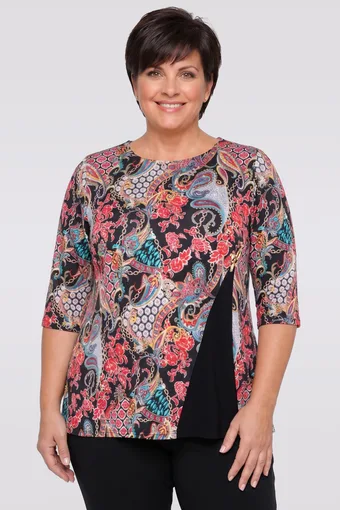 Črna bluza z barvnimi vzorčastimi vložki
