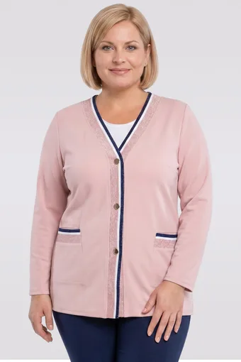 Roza pleteni pulover z mornarsko modrimi pasovi