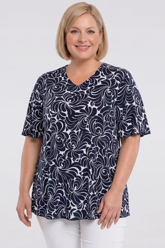 Temno modra cvetlična bluza