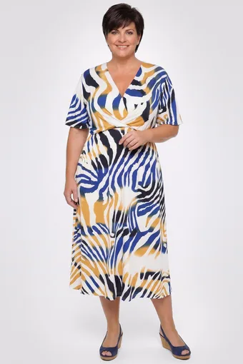Temno modra in rumena obleka z zebrastim vzorcem