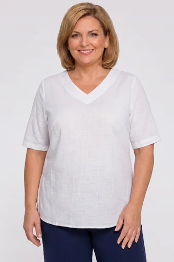 Bela bombažna bluza z V-izrezom