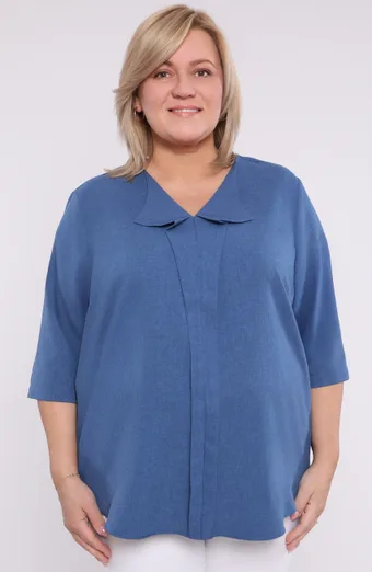 Lanena ohlapna bluza v modri barvi