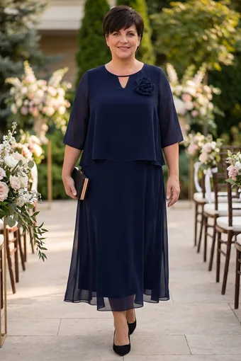 Elegantna temno modra obleka z okrasjem