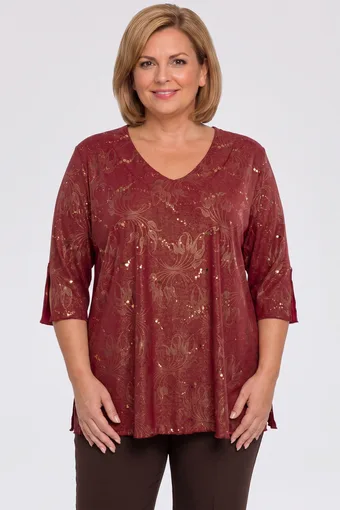 Bordo bluza z V-izrezom, bleščicami in bleščicami